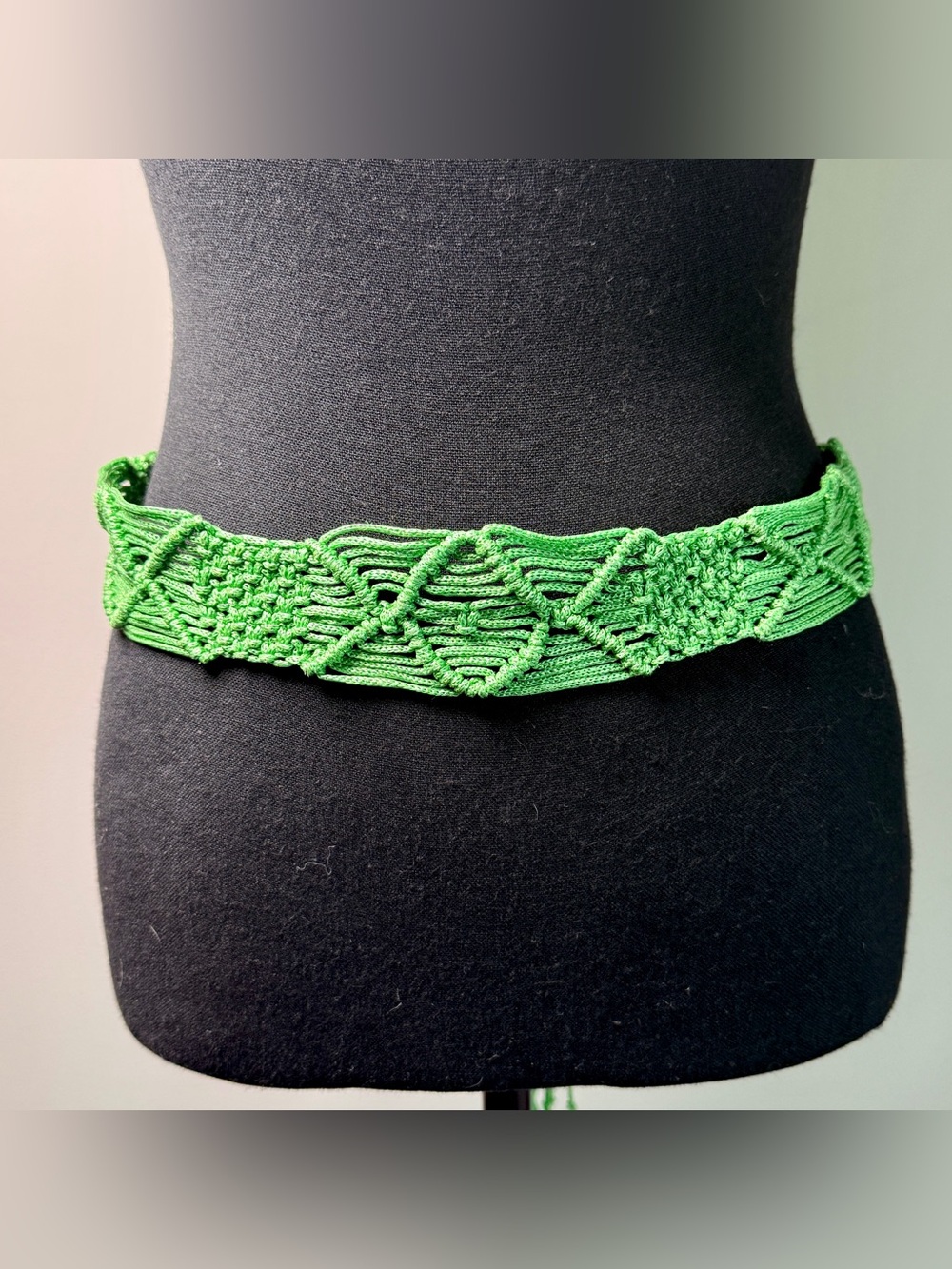 Vintage Kelly Green Macramé Wide Belt | Fringe Tie  | Boho Statement 70s Retro